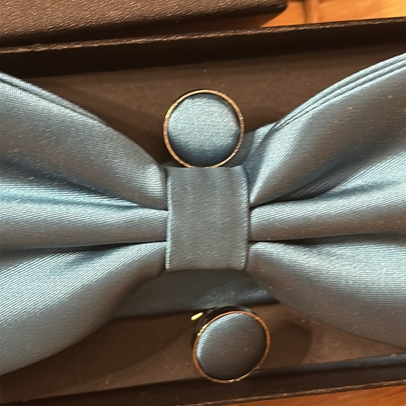men’s adjustable bowtie and cufflink set wedding prom homecoming teal green blue - Picture 4 of 5